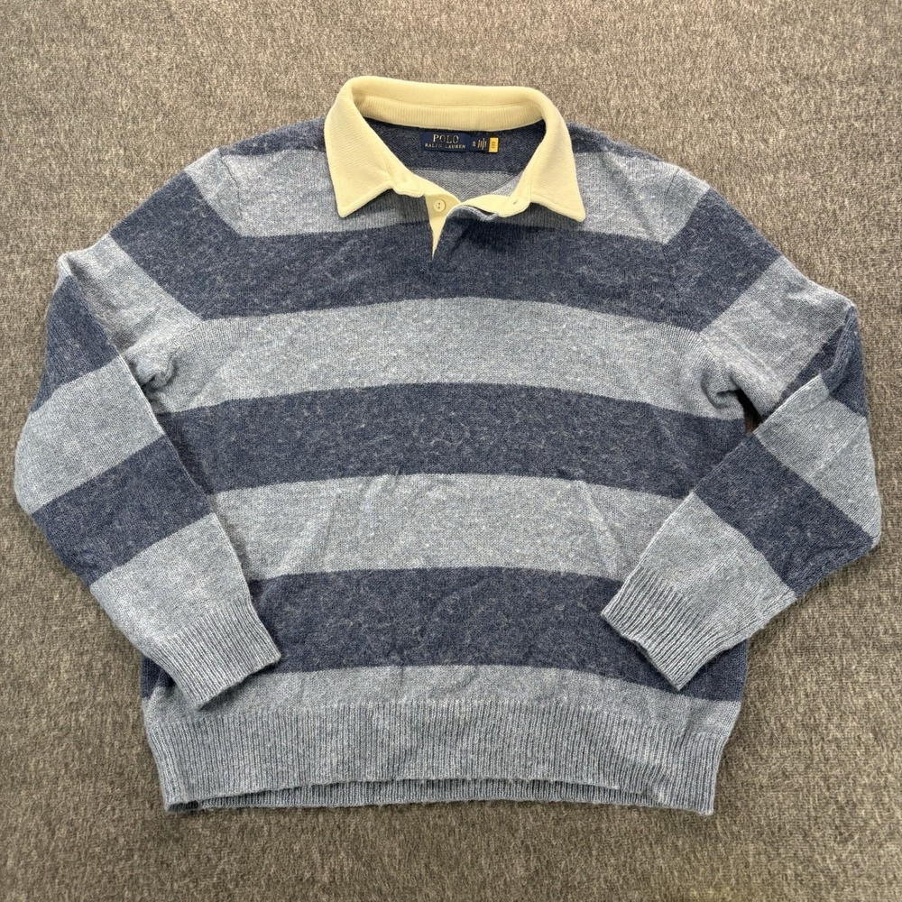 POLO RALPH LAUREN Men's Blue Striped 100% Wool Rugby Sweater Shirt RTL $298 XL - Picture 2 of 7